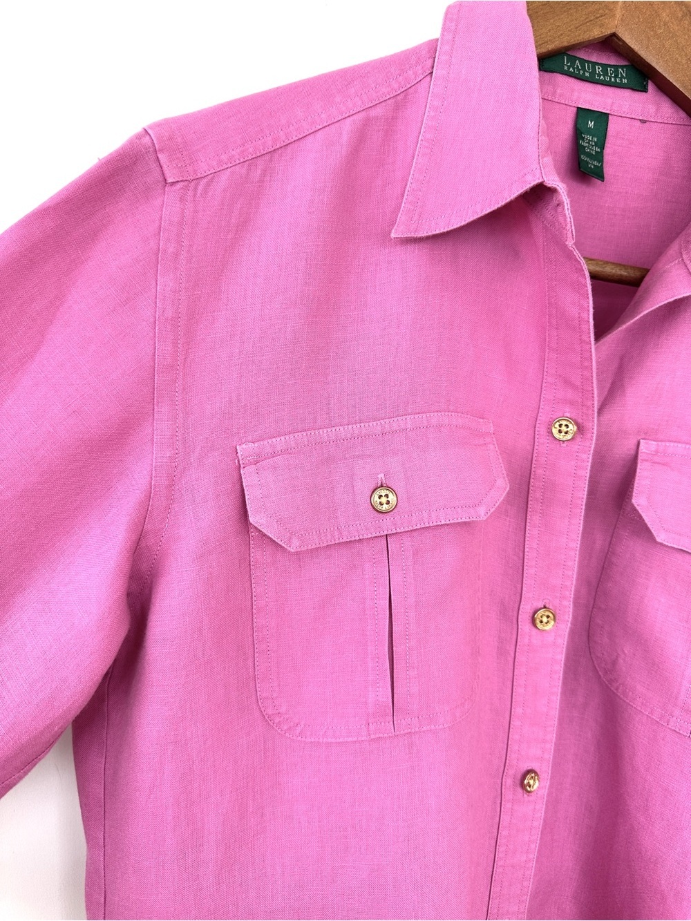Lauren Ralph Lauren Pink Utility Button-Up Shirt, Roll Tab Sleeves, π― Linen - Picture 5 of 13